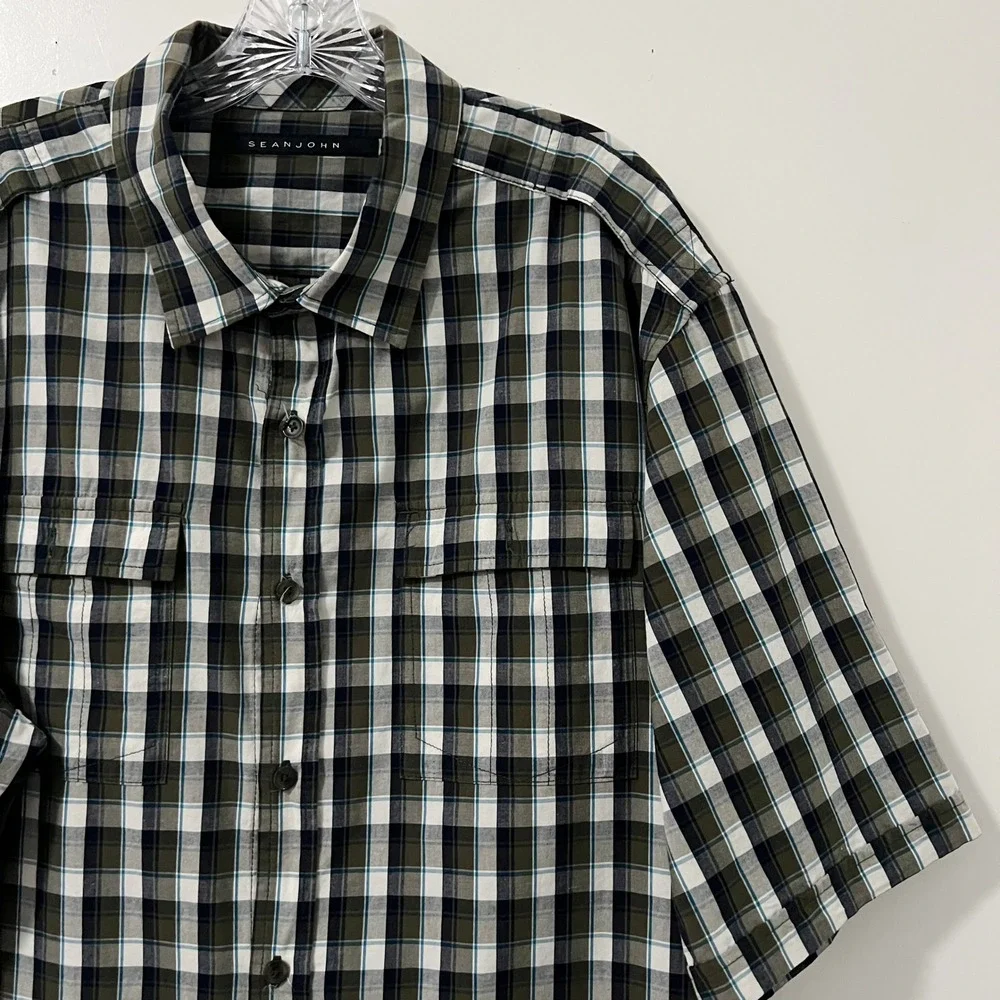 Sean‎ John Mens Plaid Short Sleeve Button Up Shirt Green Blue White Size 3X